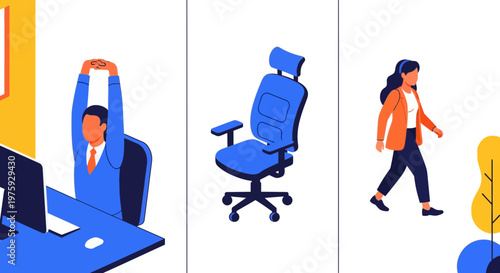 Office health habits stretching walking chair wellness break work daily life activity routine fitness body care