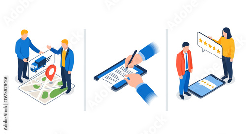Isometric online order tracking system logistics signature tablet process and customer review star rating feedback mobile application illustration