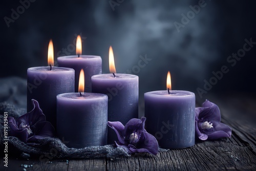Five Amethyst Purple Candles Flicker Gently on a Dark Rustic Wooden Surface Amidst Soft Smoke and Delicate Purple Orchid Flowers Providing a Serene and Mystical Ambiance