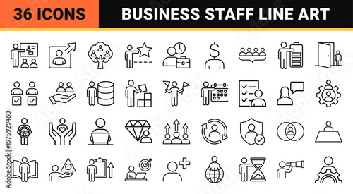 Corporate staff and human resources minimalist line icons in geometric black outline style.