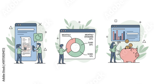 Personal finance tracking app set budget planning saving money monthly expense management system flat illustration icons