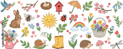 Cute Spring Sticker Set with Rabbit, Flowers and Nature Elements