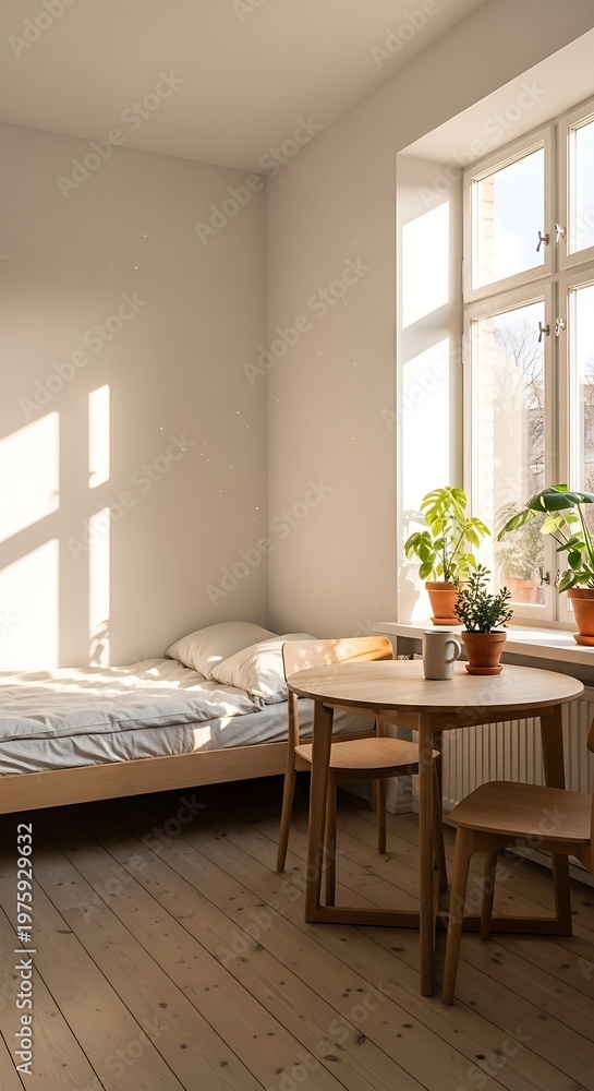 Fototapeta premium Sunlit Minimalist Bedroom with Wooden Furniture and Potted Plants.