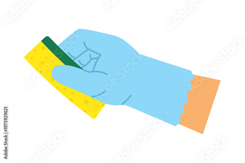 hand in protective glove holding cleaning sponge, household hygiene concept, dishwashing, kitchen cleaning- vector illustration