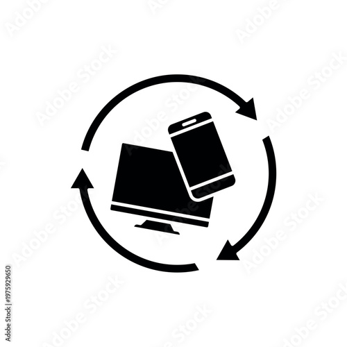icon an e-waste with monitor smartphone and circular refresh arrows, isolated against a clean background.