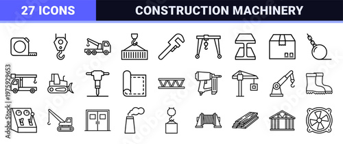 Minimalist construction crane and logistics machinery outline set
