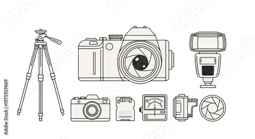 Professional photography equipment vector set, digital SLR camera and tripod line icons, photography gear collection with flash and memory card