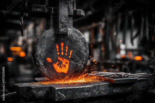 Fiery Handprint Stamped onto Metal by Industrial Machine with Sparks Flying in Workshop