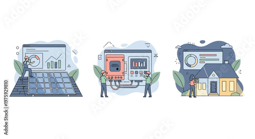 A sun cell crew sets up roof kit and checks home tech for green life