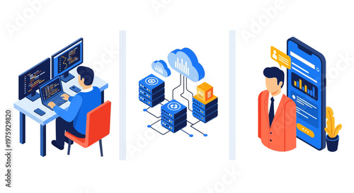 Software dev process with programmer coding cloud server database and mobile application user interface workflow business