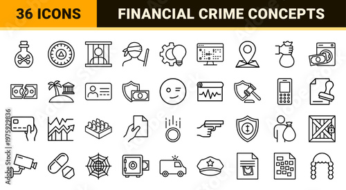 Corruption and legal justice outline icons in minimalist black line art.