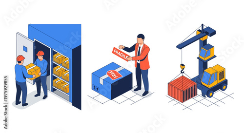 A man lift a box and a crane move a crate in a dock site