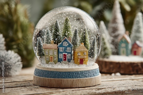 Festive miniature village scene inside a sparkling snow globe with miniature pine trees and colorful houses set against a soft blurred background of winter foliage and frost covered trees creating a