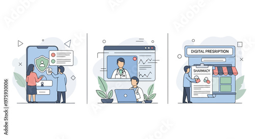 Telemedicine app doctor online medical consultation digital prescription pharmacy health care patient remote clinic hospital tech