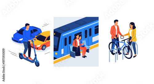 Modern urban commuting methods including electric scooter subway train and people parking bicycles in city lifestyle graphic illustration