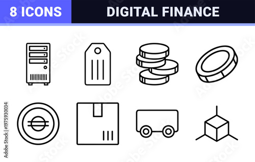 Digital finance and cryptocurrency blockchain line icon set