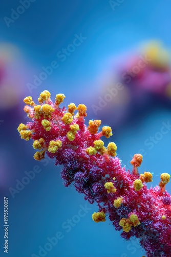 Extreme Close up of a Vibrant Red Hibiscus Stamen Covered in Golden Pollen Grains Against a Soft Blue Blurred Background Macro Photography
