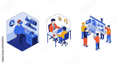 VR tech web team work data icon lab space map office tool men art set