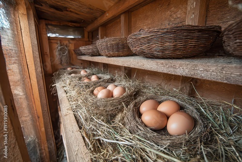 Farm Fresh Brown Eggs Nestled in Haylined Nesting Boxes on Wooden Shelves Natural Morning Light Agricultural Bounty