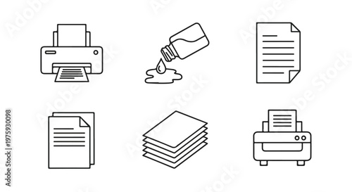 Minimalist printer and office document icon set, 6 linear vector elements for printing services, black outline ink refill and paper icons