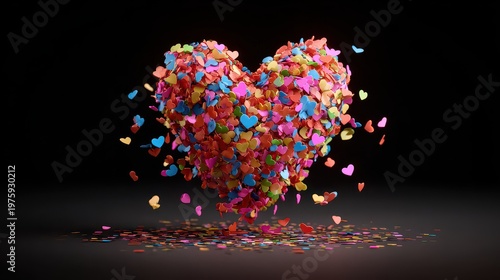Exploding Heart Shape Composed of Numerous Small Colorful Glittering Pieces Against a Dark Background
