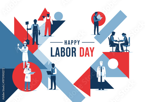 Happy Labor Day Celebration with Diverse Professionals and Geometric Shapes.