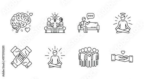 Mental health line icons set, psychology and therapy vector elements, meditation and emotional wellness symbols for counseling and support
