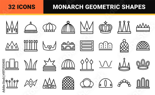 Minimalist outline royal crown and tiara geometric headwear elements.