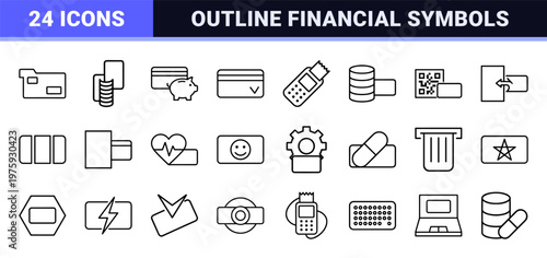 Minimalist outline payment and credit card terminal icon collection.