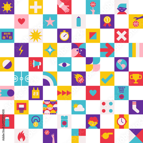 Vector seamless pattern with flat square illustration for poster with abstract and basketball icons. Funny and colorful geometrical clipart for sport collection
