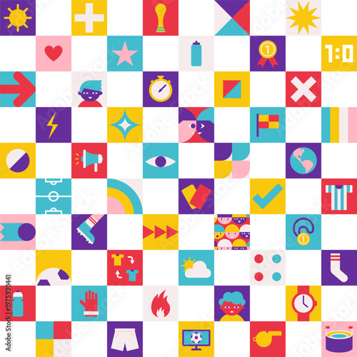 Vector seamless pattern with flat square illustration for poster with abstract and football icons. Funny and colorful geometrical clipart for sport collection