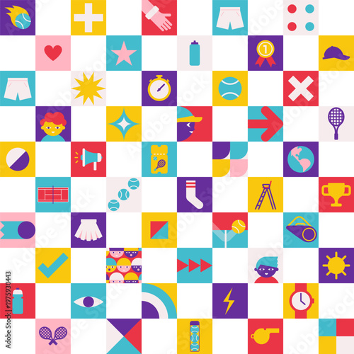 Vector seamless pattern with flat square illustration for poster with abstract and tennis icons. Funny and colorful geometrical clipart for sport collection