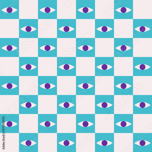 Vector seamless pattern with flat square illustration for poster with abstract icons of opened human eyes. Funny and colorful geometrical clipart. Chess composition in blue and white colors