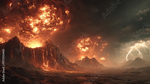 Epic volcanic eruption engulfing rugged mountains with fiery explosions and lightning strikes under a dramatic stormy sky a catastrophic natural disaster scene