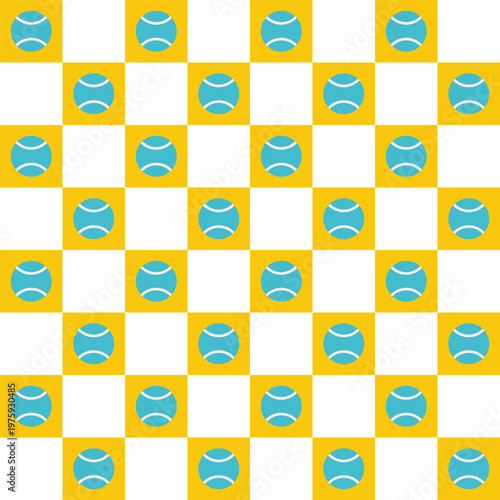 Vector seamless pattern with flat square illustration for poster with abstract icons of tennis ball. Funny and colorful geometrical sport clipart. Chess composition in blue, yellow, white colors