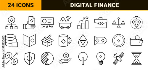 Minimalist blockchain and digital finance outline graphic elements.