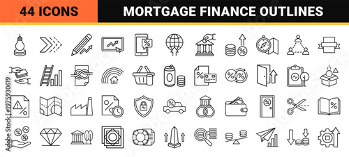 Mortgage finance and banking linear outline design set.