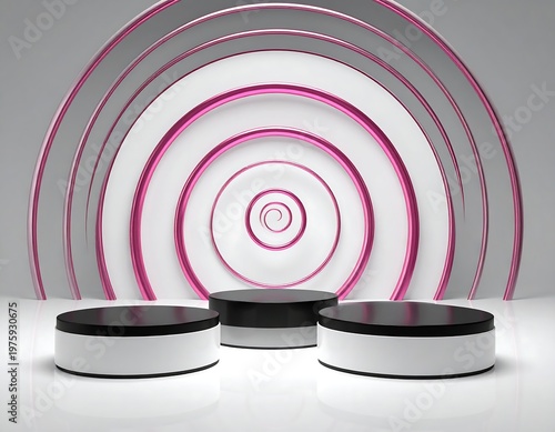 Modern stage design with three platforms and concentric circle background