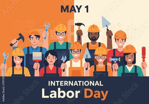 Diverse group of construction workers celebrating International Labor Day.