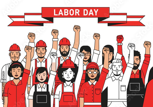 Diverse group of workers raising fists in solidarity for Labor Day celebration.