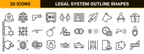 Minimalist outline law enforcement and criminal justice legal system graphics.