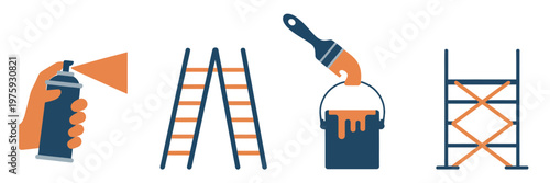 Essential painting and renovation tools collection, including spray can, ladder, paint bucket with brush, and scaffolding, modern flat vector icons for digital interface, home improvement