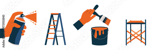 Painting and renovation tools vector set, flat and minimal icons of spray can, ladder, paint bucket with brush, and scaffolding, perfect for construction, DIY, and home improvement