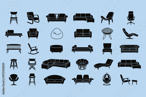 Modern furniture silhouette icons set, minimalist black sofa and chair vector collection, interior design seating elements for floor plans