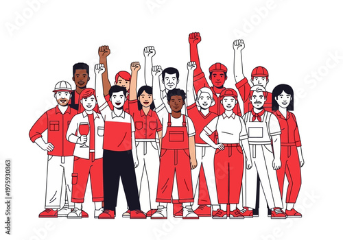 Diverse group of workers standing together with raised fists.