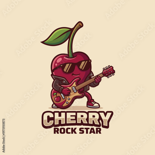 A trendy cherry character dressed as a rock star, complete with sunglasses and a guitar, epitomizes fun and music, ideal for playful and creative design themes.