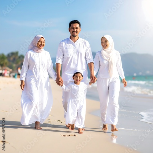 Muslim family joyfully strolls together along a sunlit beach