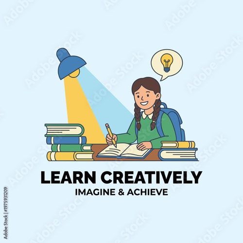 This delightful illustration captures a young girl studying creatively under a focused light, surrounded by books, representing enthusiasm and the joy of learning.