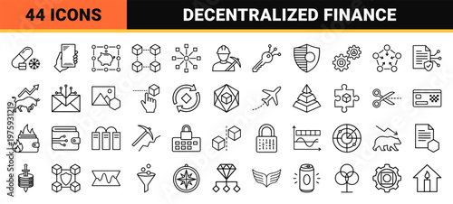 Minimalist cryptocurrency and blockchain technology outline symbols set.