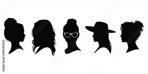 Black Silhouettes of Women's Heads with Diverse Hairstyles and Accessories woman female